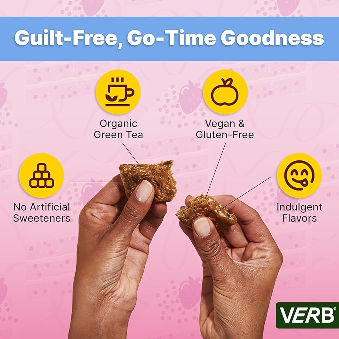 Verb Caffeinated Energy Bars Birthday Cake (26g Pack of 16) 110-Calorie Delicious Low Sugar Energy Bar - Vegan Gluten Free On-the Go Snack with 80mg Green Tea Caffeine Only Real-Food Ingredients
