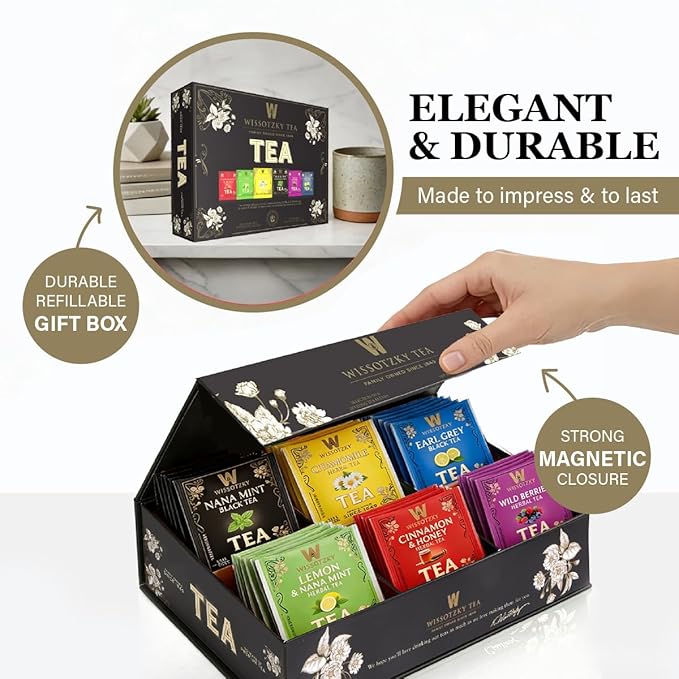 Wissotzky Artisanal Tea Chest Box Assorted Flavors of Black &amp Herbal Tea Bags (42 Tea Bags) 6 Flavors | Tea Sampler Variety Pack | Tea Gift Set | Individually Wrapped | Corporate &amp Holiday Gi