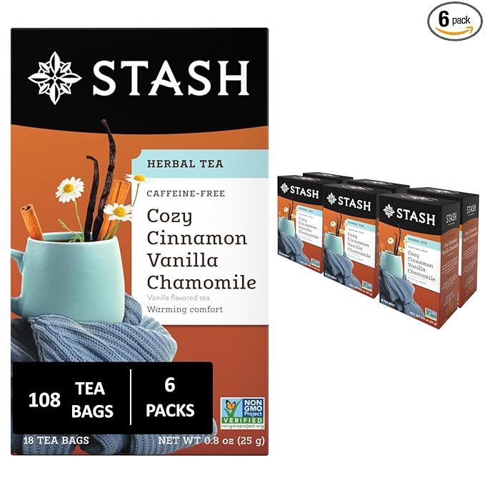 Stash Tea Cozy Cinnamon Vanilla Herbal Tea - Naturally Caffeine Free Non-GMO Project Verified Premium Tea with No Artificial Ingredients 18 Count (Pack of 6) - 108 Bags Total