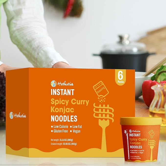 Hethstia Konjac Noodle Soup 6-Pack Instant Shirataki Noodle Spicy Curry Cups – Low Carb Vegan Keto Gluten-Free Ready-to-Eat Asian Pho Low-Calorie Quick Meal 34.32oz