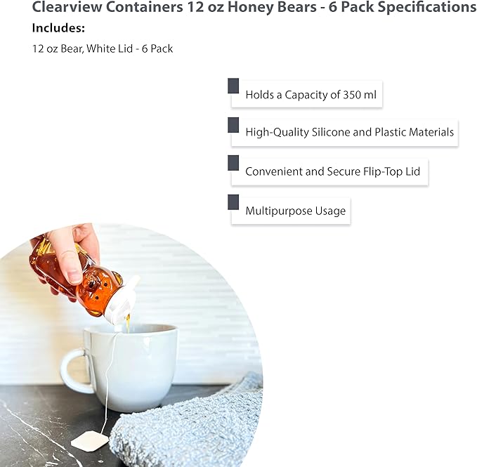 12 Ounce Clear Plastic Squeezable Honey Bears with Sealable Flip Top Lids - BPA Free Hand Wash Only (White 6 Pack)