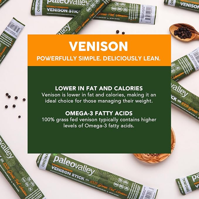 Paleovalley 100% Grass Fed Venison Sticks – 10 Pack – Keto-Friendly High Protein Low-Calorie Snack – Omega-3 Rich Gluten-Free Nitrate-Free Naturally Flavored – Healthy On-the-Go Meat Snack