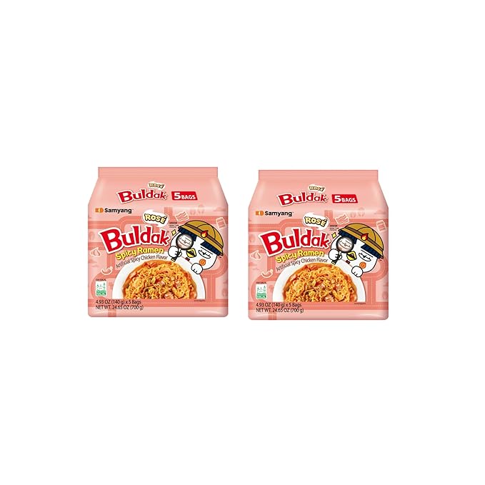 Spicy Buldak Rose Wide Flat Glass Noodle Bowl(169.4g) + Protein Puffs(50g) Assorted Challenge Box (Rose 2 Family Pack)