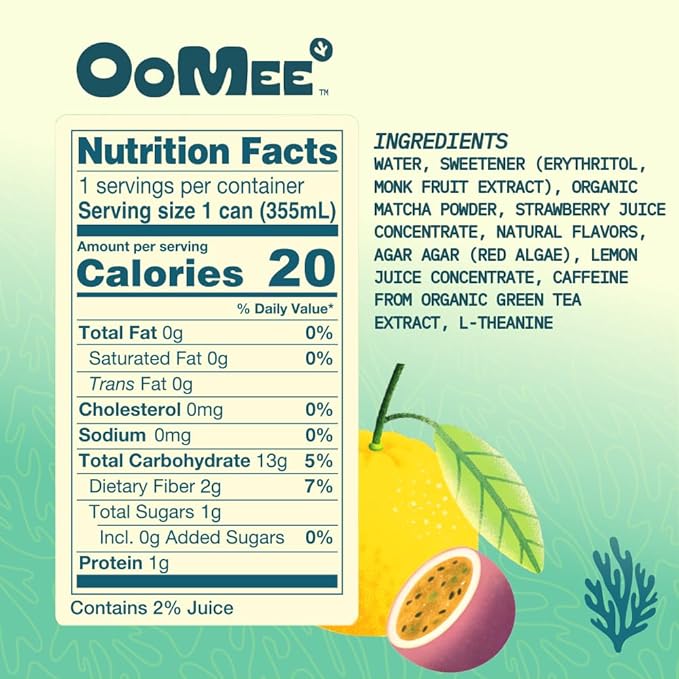 OoMee Fruity Matcha Drink | Passionfruit &amp Yuzu | Fruit-Infused Plant-Based Vegan Beverage with Sustained Energy Natural Craving Support Low-Calorie Non-Carbonated Marine Plant Beverage – 12oz
