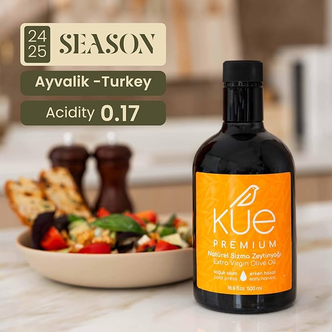 KUE Premium Extra Virgin Olive Oil – Early Harvest Cold Pressed EVOO High Polyphenol Ultra Low Acidity 0.17% Gourmet Olive Oil for Bread Dipping Finishing &amp Cooking 16.9 fl oz