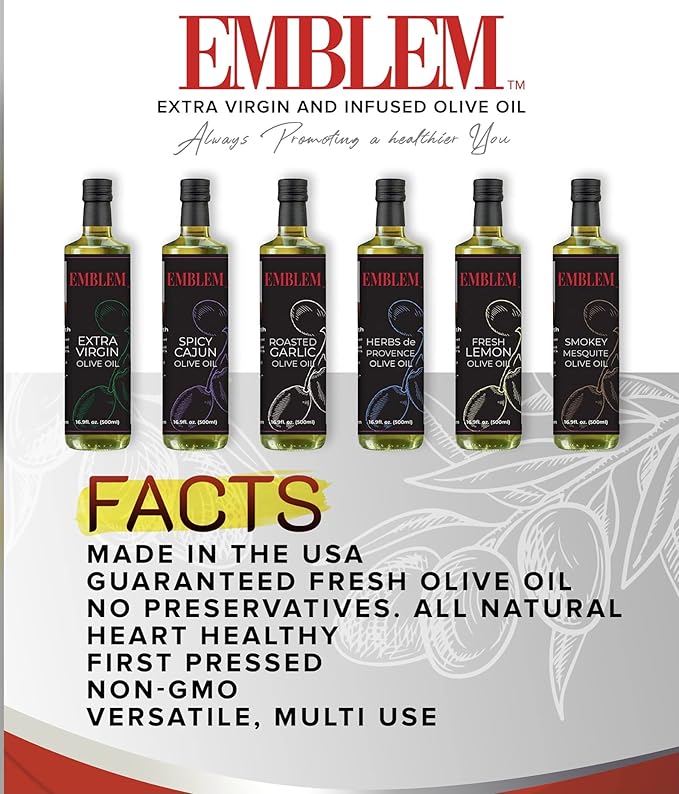 Emblem 100% Extra Virgin and Infused Olive Oil for Everyday Kitchen Use | Cold Extracted Cooking &amp Baking | Non GMO Keto Vegan Friendly 500ml (Fresh Lemon)