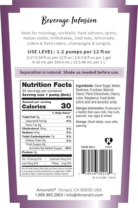 Amoretti - Cherry Lime Blue Raspberry Beverage Infusion Drink Mix &amp Water Enhancer with Pump for Flavoring Cocktails Waters Teas and other Beverages 94 Servings Per Bottle (750 ml)