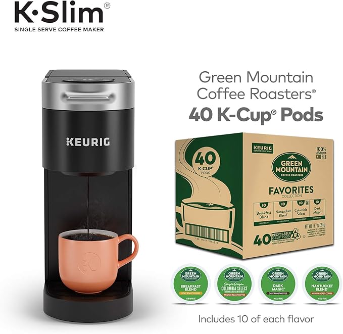 Keurig K-Slim Maker with Green Mountain Coffee Roasters Favorites Collection Variety Pack 40 Count