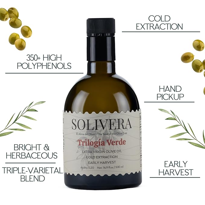 Solivera Trilogía Verde Extra Virgin Olive Oil Cold Pressed 350+ High Polyphenols Triple-Varietal Blend Bright &amp Herbaceous Single-Origin Organic Olive Oil Hand Picked Early Harvest - 16.8 fl