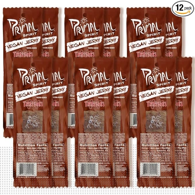 Primal Spirit Vegan Jerky - “Classic Flavor” – Teriyaki 10 g. Plant Based Protein Certified Non-GMO No Preservatives Sports Friendly Packaging (12 Pack 1 oz)