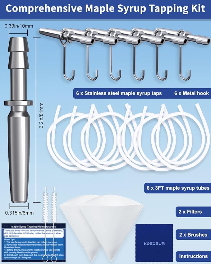 22Pcs Maple Syrup Tapping Kit Maple Tree Tapping Kit with 6 Stainless Steel Maple Syrup Taps 6 Maple Syrup Tubes 6 Hooks 2 Maple Sap Filters Tree Sap Tapping Kit for Maple Syrup Making Equipment