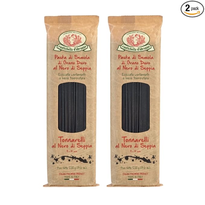 Rustichella d'Abruzzo Tonnarelli with Squid Ink Long Italian Pasta with Cuttlefish Ideal for Shellfish Spicy Fish Sauce &amp Olive Oil Dishes Authentic Flavored from Abruzzo Italy 500g 2-Pack
