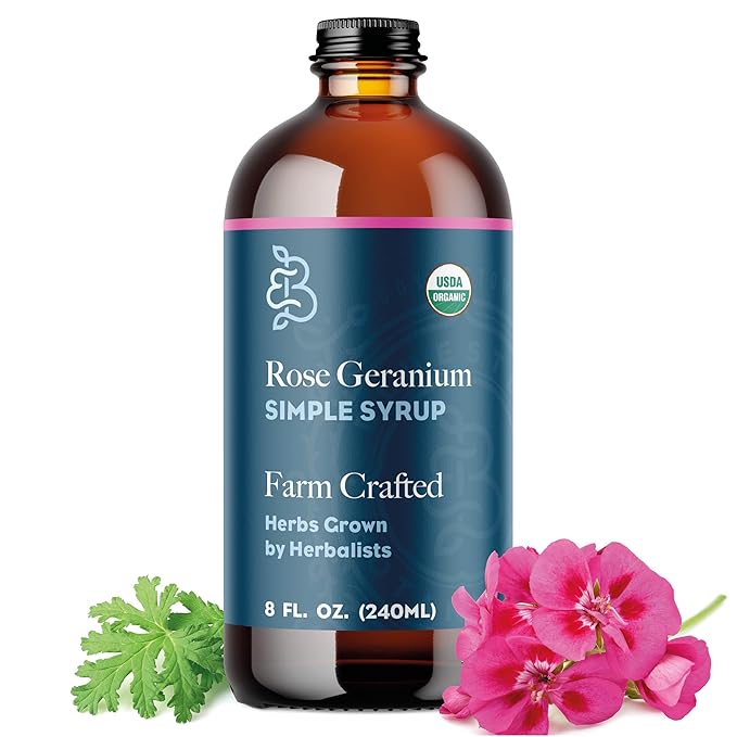 Bluestem Botanicals Organic Rose Geranium Simple Syrup 8 oz Cocktail and Mocktail Mixer for Drinks Non-Alcoholic