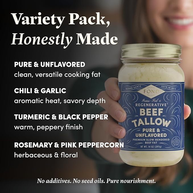 FOND Regenerative Grass-Fed Beef Tallow for Cooking – High Smoke Point Grass Fed Beef Tallow for Frying Sautéing &amp Roasting – Sustainably Sourced Seed Oil Free – Variety Pack 14oz (4-Pack)