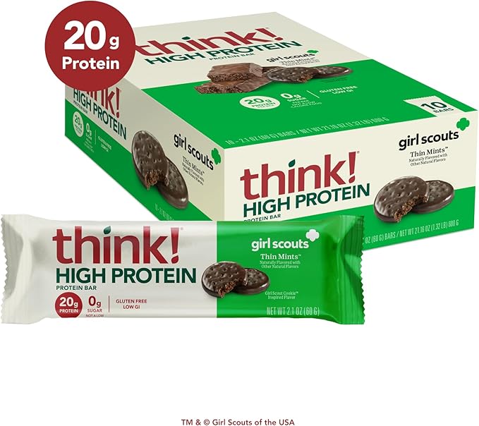 think! Protein Bars High Protein Snacks Gluten Free Kosher Friendly Girl Scouts Thin Mint Nutrition Bars 2.1 Oz per Bar 10 Count (Packaging May Vary)