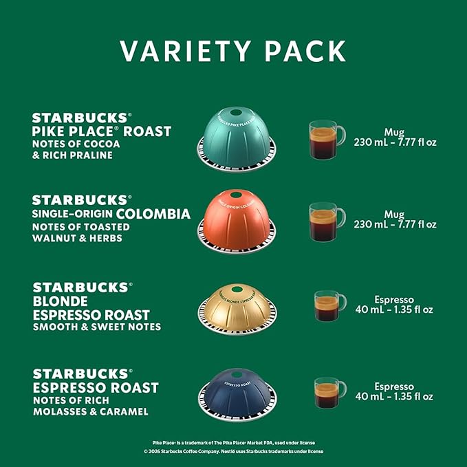 Starbucks by Nespresso Vertuo Favorite Variety Pack Coffee &amp Espresso 40-count Coffee and Espresso Pods Brews 7.8 oz and 1.35 oz.