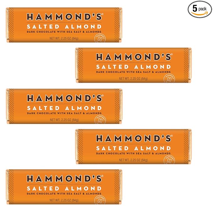 Hammond's Candies Gourmet Chocolate Candy Bars – Salted Almond | Rich Dark Chocolate Sea Salt &amp Almond Chocolate Bar Sweet and Salty Certified Kosher Handcrafted in the USA | Pack of 5