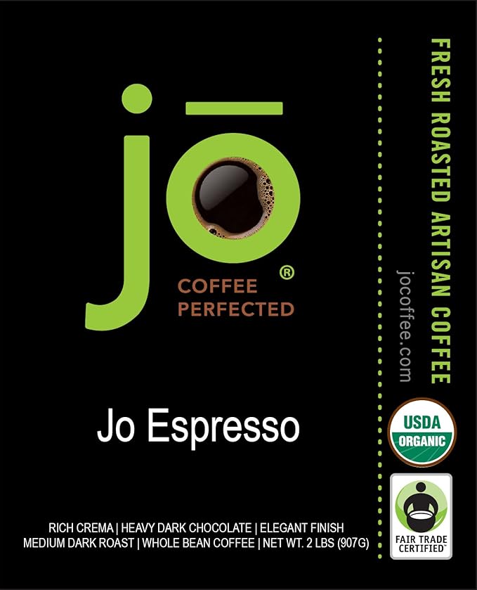 JO ESPRESSO: 2 lb Organic Whole Espresso Beans USDA Certified Organic Gluten Free NON-GMO Fair Trade Certified Perfect Rich Thick Crema Medium/Dark Roast Whole Bean Coffee by Jo Coffee®