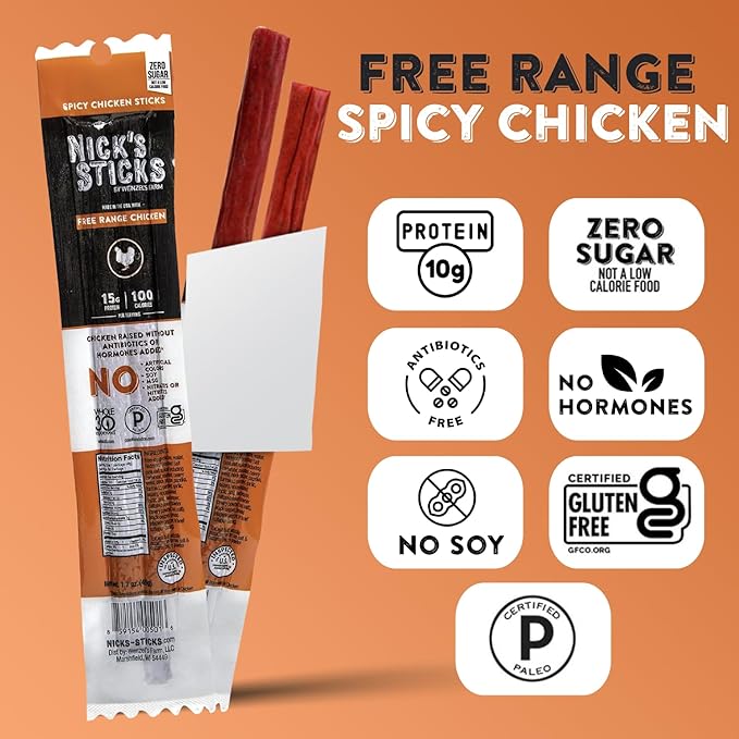 Nick's Sticks Spicy Free Range Clean &amp Balanced Chicken Snack Sticks | Made in the USA | Gluten Free | Paleo Keto Whole 30 Approved | No Soy Antibiotics or Hormones (25-1.7 oz. Packages of 2 st