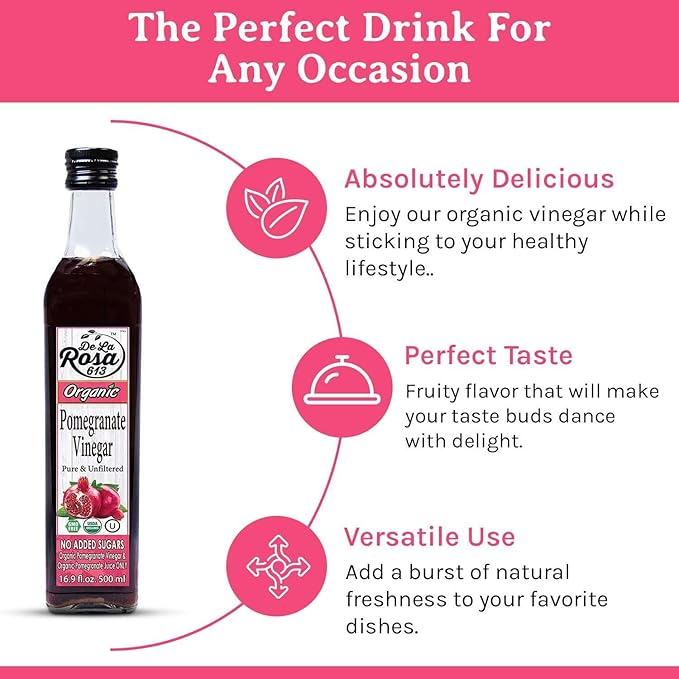 De La Rosa Organic Pomegranate Vinegar Pure &amp Unfiltered Vegan Gluten Free &amp Kosher Great for Salad Dressing Marinades 100% Pure Pomegranate Vinegar 16.9 Oz (pack of 2)