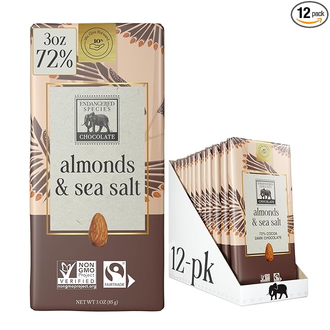 Endangered Species Dark Chocolate Bar w/Sea Salt &amp Almonds (72% cocoa)