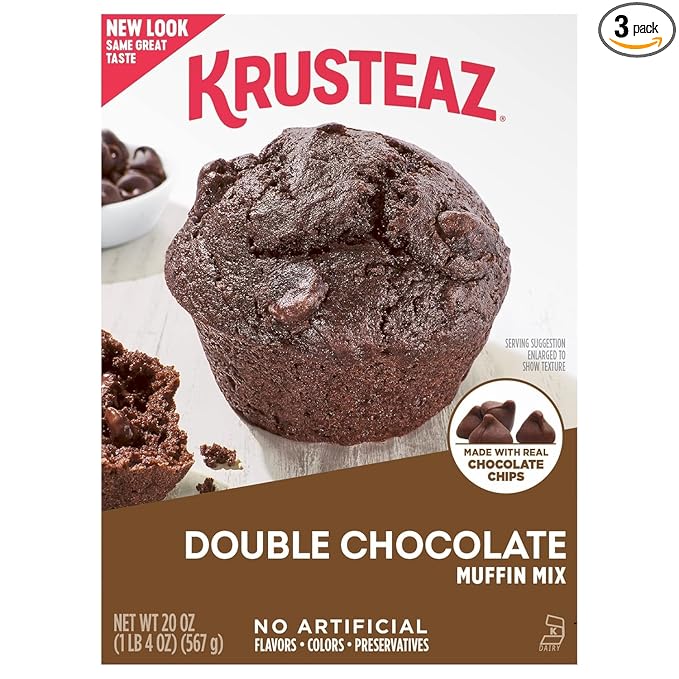 Krusteaz Muffin Mix Double Chocolate Muffin Mix Made with Real Chocolate Chips &amp No Artificial Flavors Colors or Preservatives 20 Ounce Box (Pack of 3)
