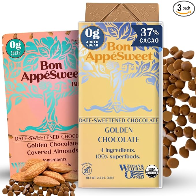 Bon Appesweet Date Sweetened Chocolate | Golden Bar Chocolate Chips &amp Golden Covered Almond Protein Snacks | Variety (Pack of 3) | Zero Added Sugar 54% Cacao Plant Based Dairy and Guilt Free!