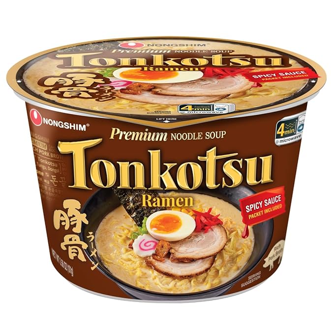 Tonkotsu Ramen Premium Noodle Soup Rich Pork Broth with Spicy Artificially Flavored Oil 3.56 oz Bowl (Pack of 6)