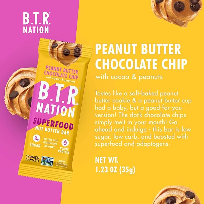B.T.R. Nation Vegan Keto Superfood Protein Bars - Peanut Butter Chocolate Chip BLISS | (12) Bars | Low Carb Plant Based Gluten Free Free of Sugar Alcohols &amp Boosted with Powerful Superfoods!