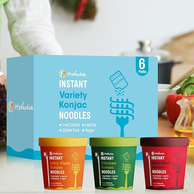 Hethstia Konjac Noodle 6-Pack Pre-cooked Low Carb Shirataki Pho Soup Variety Flavor (Chicken Spicy Curry Spicy Beef)- Low-Calorie Sugar-Free Vegan Gluten-Free 34.32oz Keto-Friendly Asian Meal