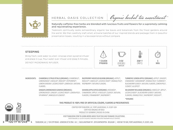 Teabloom Organic Herbal Oasis Pyramid Tea Presentation Box 12 Assorted Herbal Tea Blends USDA Certified Organic Whole-Leaf Pyramid Tea Sachets
