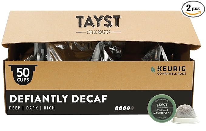 Tayst Coffee Pods Defiantly Decaf Dark Roast K Cups Compatible with Keurig Coffee Maker Sustainable Single Serve Pack of 50