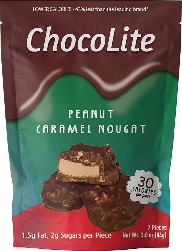 ChocoLite Peanut Caramel Nougat | 30 Calories per Piece | Pack of 6 Pouches