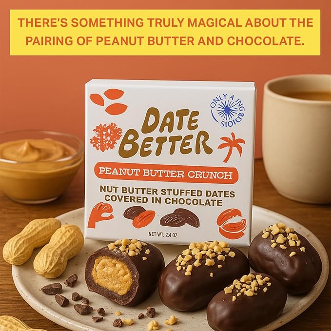 Date Better Peanut Butter Crunch Stuffed Medjool Dates - Dark Chocolate-Covered Dates Filled With Crunchy Peanut Butter &amp Cacao Nibs | No Artificial Sweeteners Gluten-Free &amp Vegan (6-Pack)
