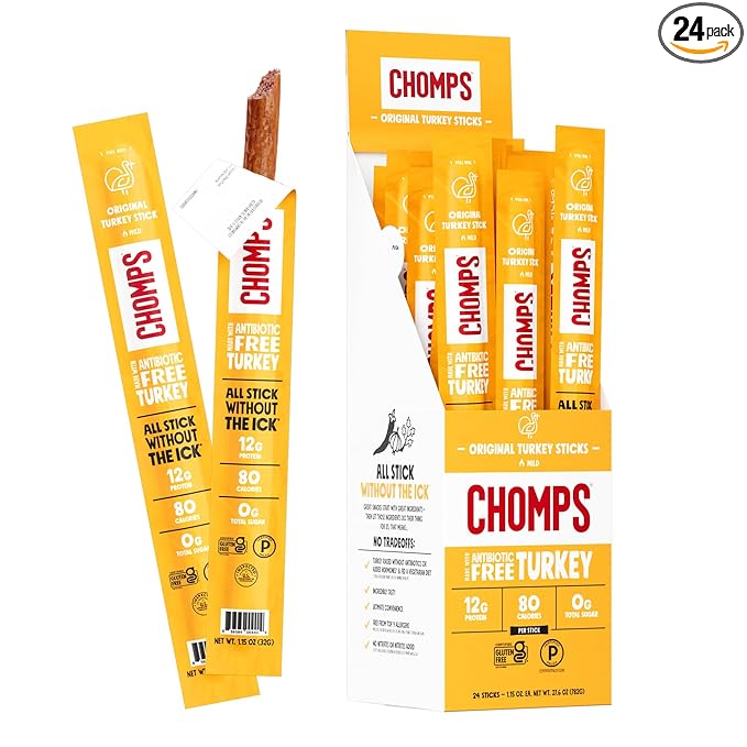 Chomps Original Turkey Jerky Snack Sticks Keto Paleo Whole30 Approved Gluten Free 1.15oz (24 Pack)