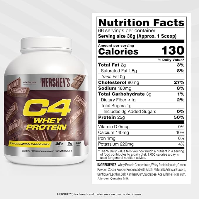 Cellucor C4 Whey Protein Powder Hershey's Chocolate - 25g Protein 0g Added Sugar 130 Calories Per Serving Supports Muscle Recovery 66 Servings Premium Whey for Post-Workout