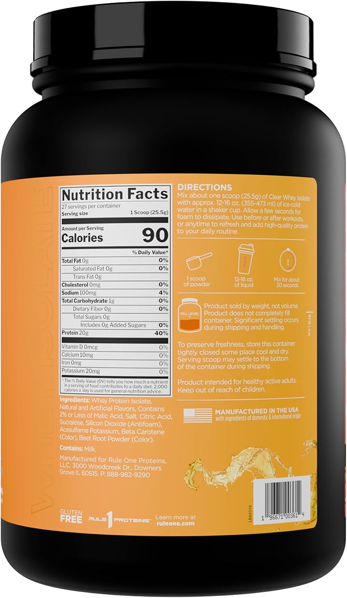 Rule 1 Proteins Clear Whey Isolate - 20g All-Whey Isolate Protein Mix Over 9g EAAs 90 Calories Zero Sugar Easy to Digest Light Crisp and Refreshing Taste (27 Servings Peach Mango)