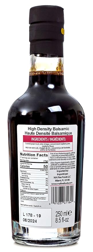 QO Gourmet Thick Flavored Aged Dense Balsamic Vinegar of Modena | High Density RASPBERRY Infused Italian Vinegar | 250ml/8.45 fl.oz. | All Natural | Produced &amp Bottled in Modena Italy