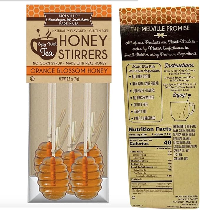 Melville Honey Spoon Bundle Pack of 3 Flavors - Honey Dipper Manuka Lemon Orange Blossom - 15 Honey Spoons For Tea - Delicious Candy Spoons - Hard Candy Honey Spoons Lollipop On Wooden Ball Sticks