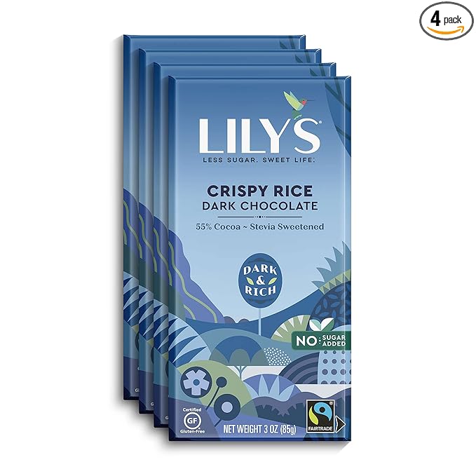 Lily's by Stevia Sweetened No Added Sugar Low-Carb Keto Friendly 55% Cocoa Fair Trade Gluten-Free &amp Non-GMO 3 4-Pack Crispy Rice Dark Chocolate Bar 12 Oz