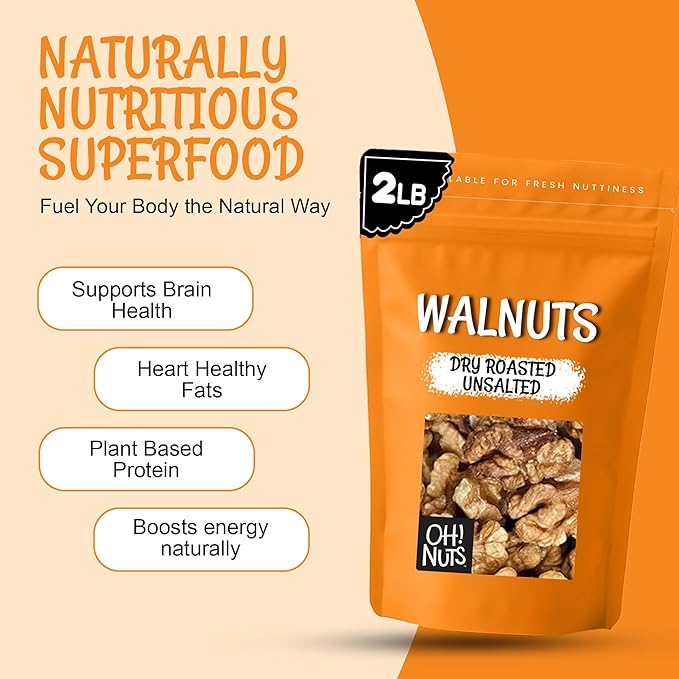 Oh! Nuts Walnuts - Dry Roasted Unsalted - 2 lb - Packed in New York Zip-Seal Bag for Exceptional Freshness
