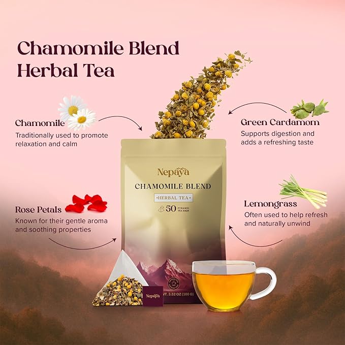Nepaya Chamomile Herbal Tea Bags – 50 Count Pyramid Bags Himalayan Chamomile &amp Lemongrass Blend Biodegradable Caffeine-Free Sleep Tea for Relaxation and Bedtime Calm from Nepal