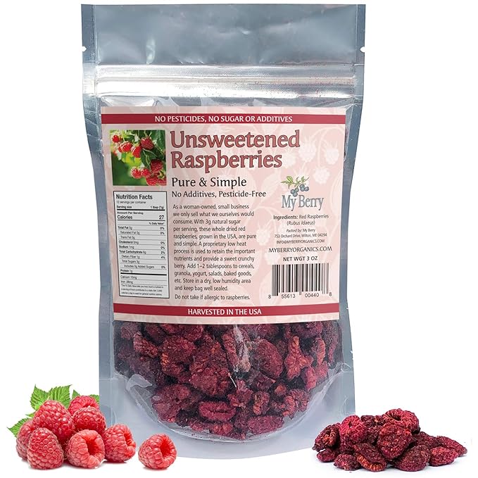Unsweetened Dried Raspberries by My Berry | 3oz | Crunchy | Low Heat Dried - Not Freeze-Dried | No Added Sugar/Additives | USA Grown