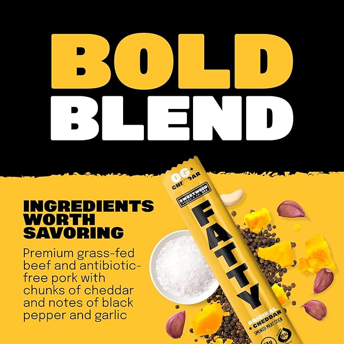 FATTY Meat Sticks High Protein Made with Grass Fed Beef Pork Raised Without Antibiotics 13g Protein Per Stick Original Cheddar Easter Basket Stuffer for Men 2 oz. (Pack of 20)