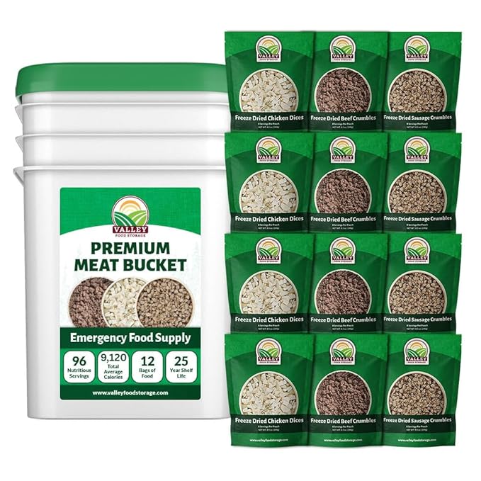 Valley Food Storage 92 Serving Freeze Dried Meat Bucket | Premium Emergency Food Supply with 1352g Protein | Survival Food 25 Year Shelf Life | Backpacking Meals Prepper Supplies &amp Off-Grid Liv
