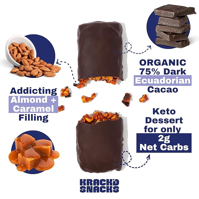Krack’d Snacks Keto Chocolate Snack Bars - Low Carb Vegan Chocolate with Almonds and Coconut Caramel - Gluten Free Sugar Free (Dark Chocolate Aloha Caramel 5 Pk)