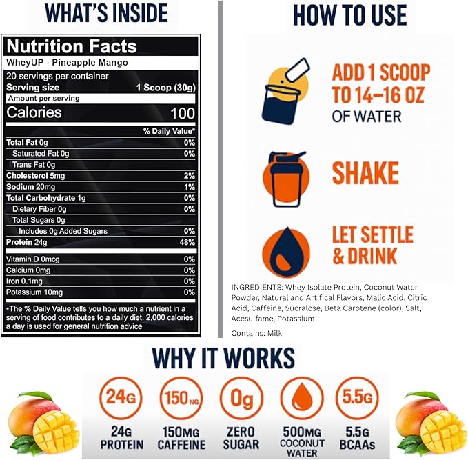 WheyUP Clear Whey Isolate – 24g + 150mg Caffeine - Pineapple Mango - Clear Whey Protein Powder - Sugar-Free Keto-Friendly - Juice-Style Pre/Post Workout Drink - 20 Servings