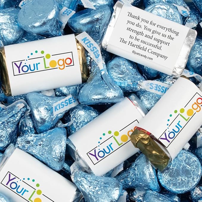 Personalized Candy Promotional Products Add Your Logo or Photo Party Favors 41 Custom Chocolate Miniatures and Approx. 90 Bulk Light Blue Kisses (Approx. 131 Pcs)