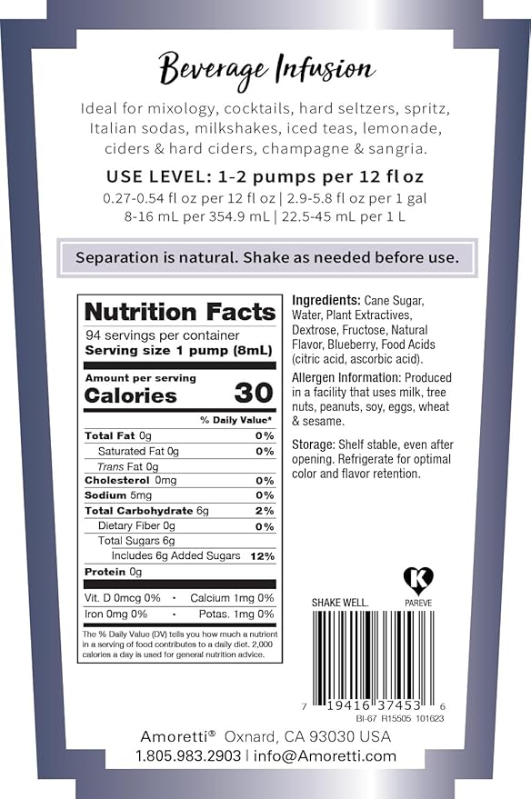 Amoretti - Wild Huckleberry Beverage Infusion 94 Servings Per Bottle (750 ml) - Drink Mix &amp Water Enhancer with Pump for Flavoring Cocktails Waters Teas and other Beverages Preservative Free