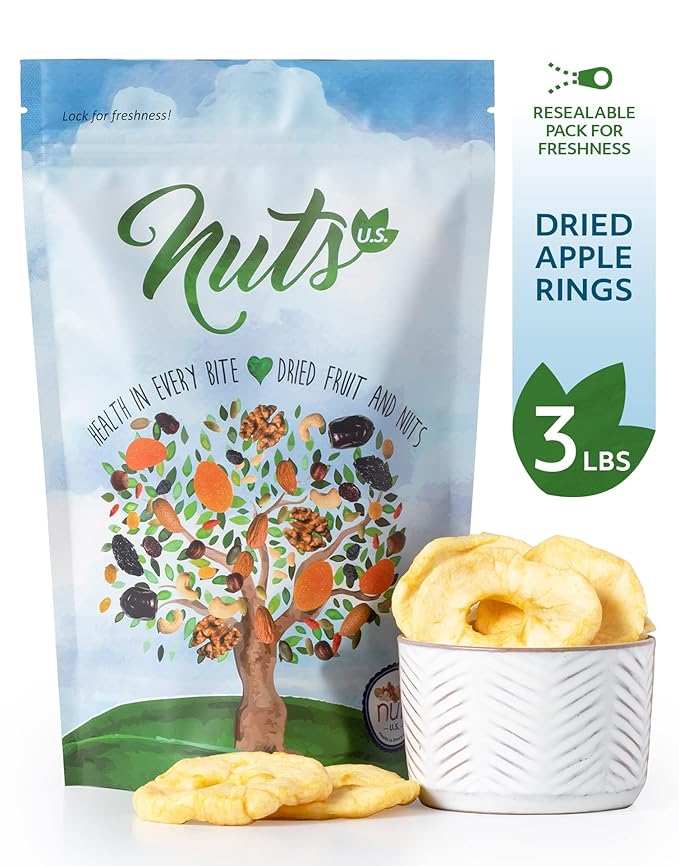 NUTS U.S. - Dried Apple Rings | No Added Sugar | No Artificial Color | Chewy Texture | NON-GMO | Juicy and Natural | Packed in a Resealable Bag (3 LBS)